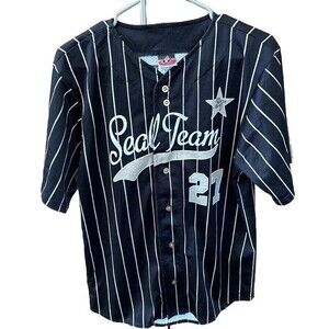 Don Alleson Athletic Baseball Jersey Black Striped Seal Team 27 Buttons S